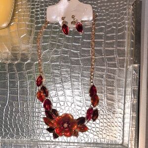 Orange & Gold Toned Floral Statement Necklace And Matching Pierced Earrings Set